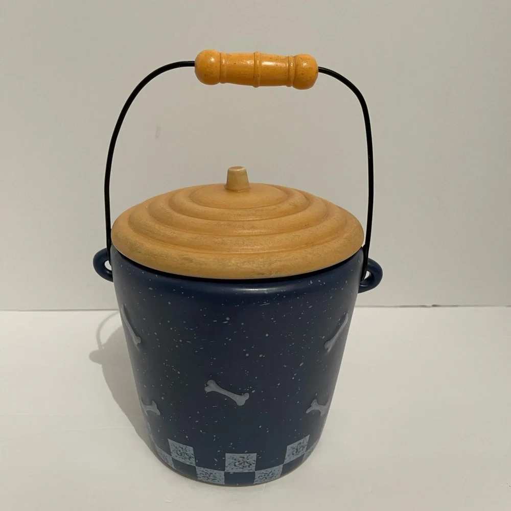 World China Stoneware Dog Treat Jar With Air Tight Lid And Handle Blue